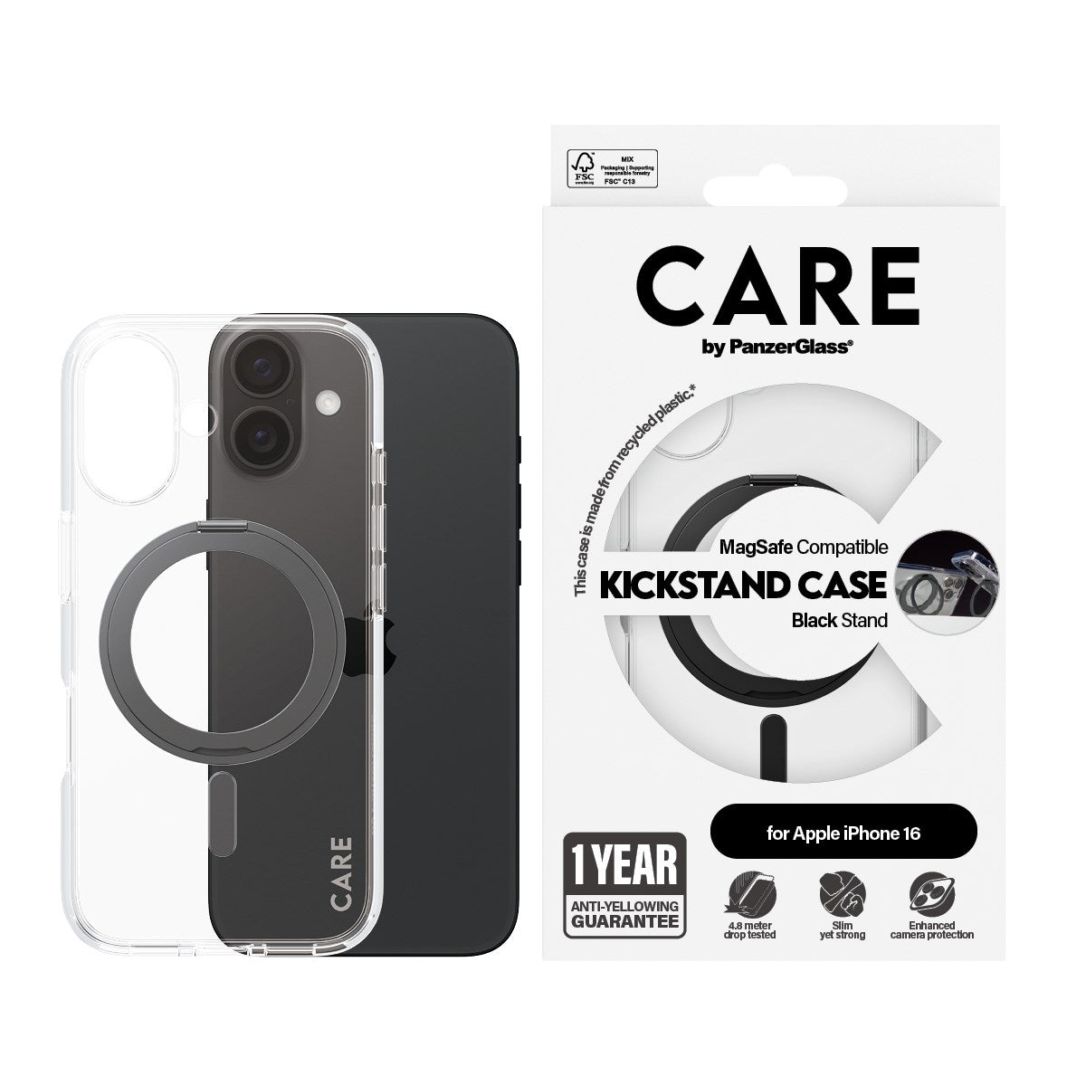CARE by PanzerGlass® Case Transparent w. Black Kickstand & MagSafe iPhone 16